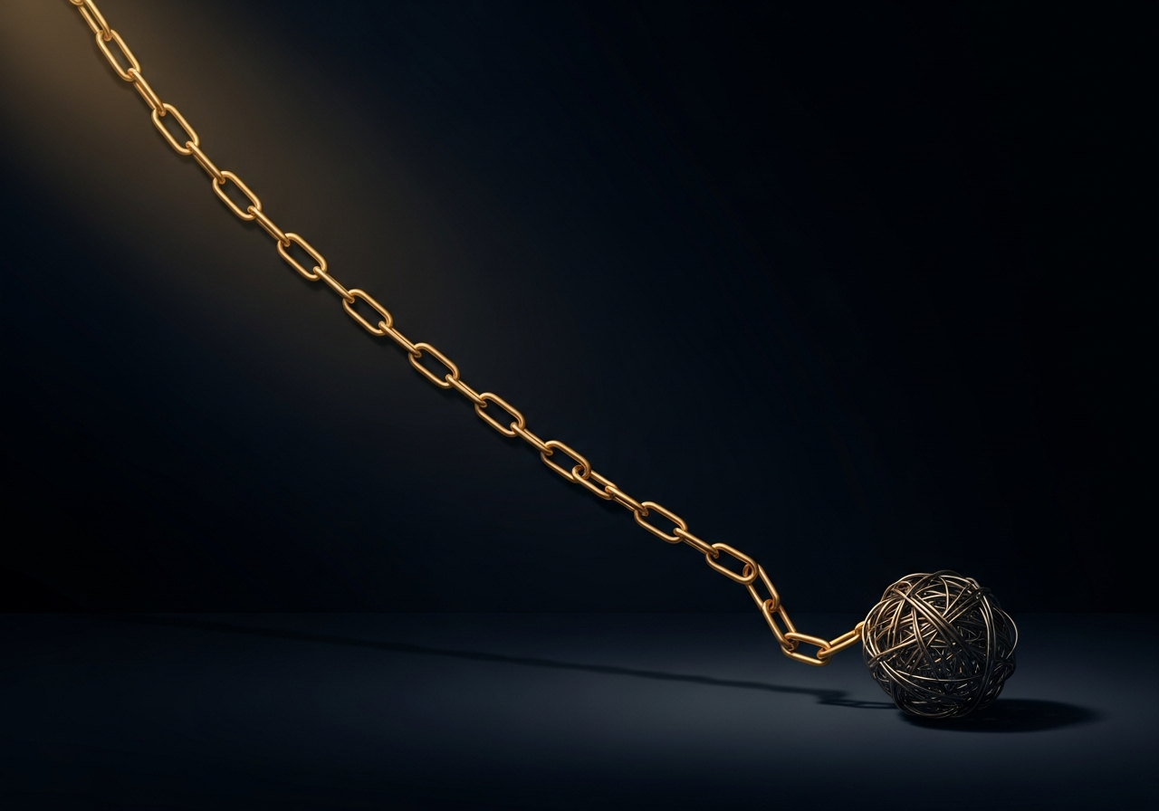 Long elegant chain dominating a small tangled knot — length beats complexity